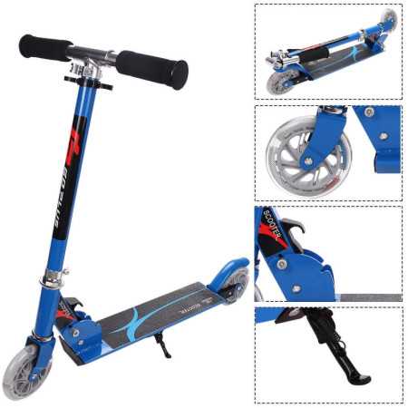 Goplus azul plegable aluminio 2 ruedas niños scooter de patada altura ajustable led