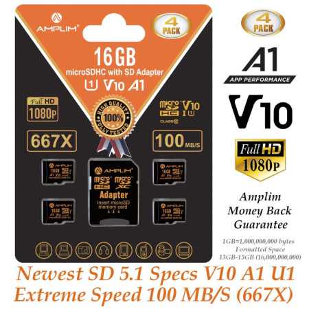 AMPLIM 16GB Micro SD Tarjeta, Adaptador de memoria MicroSD de 4 paquete más, MicroSDHC Clase 10 UHS-I U1 V10 TF Extrema