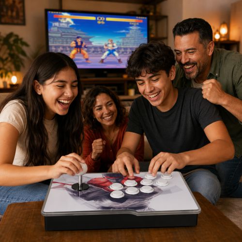 Consola arcade retro para jugar en familia Familia jugando con consola arcade retro HDMI